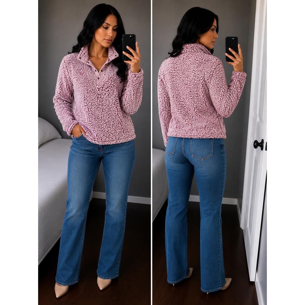 Real Tree Women Large Pink Sherpa Fleece 1/4 Snap Down Long Sleeve Cozy Pullover